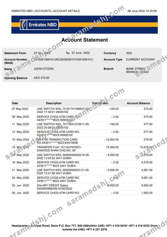 UAE Dubai NBD bank statement Word and PDF template, version 2
